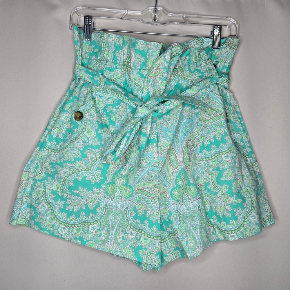 J. Crew Collection Aqua Green Paisley Print Belted High Waist Shorts Size 4